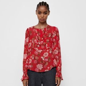 NWT red ruffled print blouse/ M